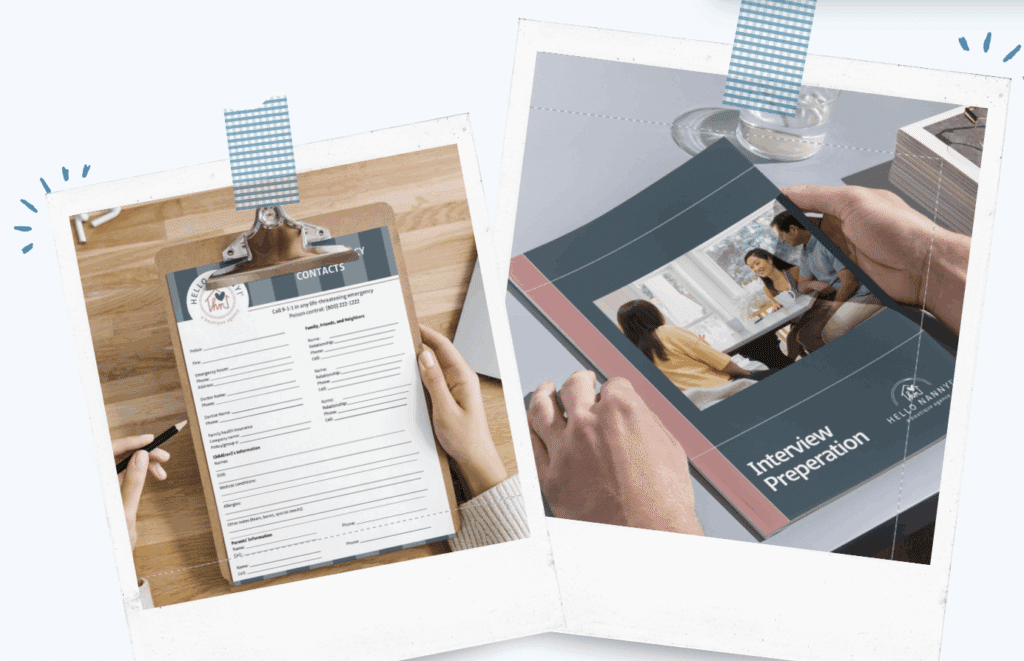 Two hands hold a contacts form on a clipboard; another pair holds an "Interview Preparation" booklet, creating a practical onboarding guide for DIY career success.